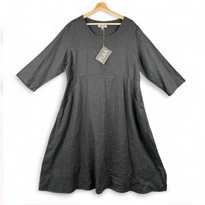 NWT FLAX L Black Linen Dress Cottagecore Lagenlook Midi Pockets Minimalist